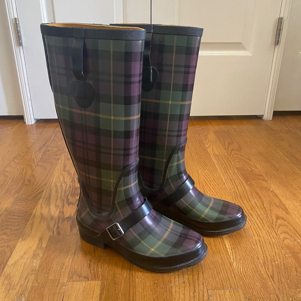 LL Bean Wellie Rain Boots Women 7 Purple Green Plaid Buckle Tall Preppy Heritage